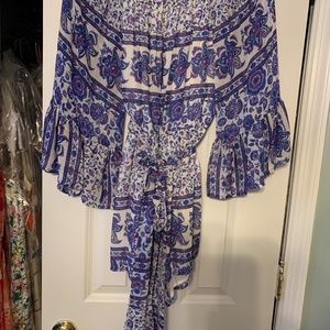 Bohemian Romper with tie waist and off the shoulder sleeves